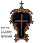 Antique Black Forest Carved 18.5" Foliate Accented Icon Frame, Inner Cross on Navy Velvet Mat