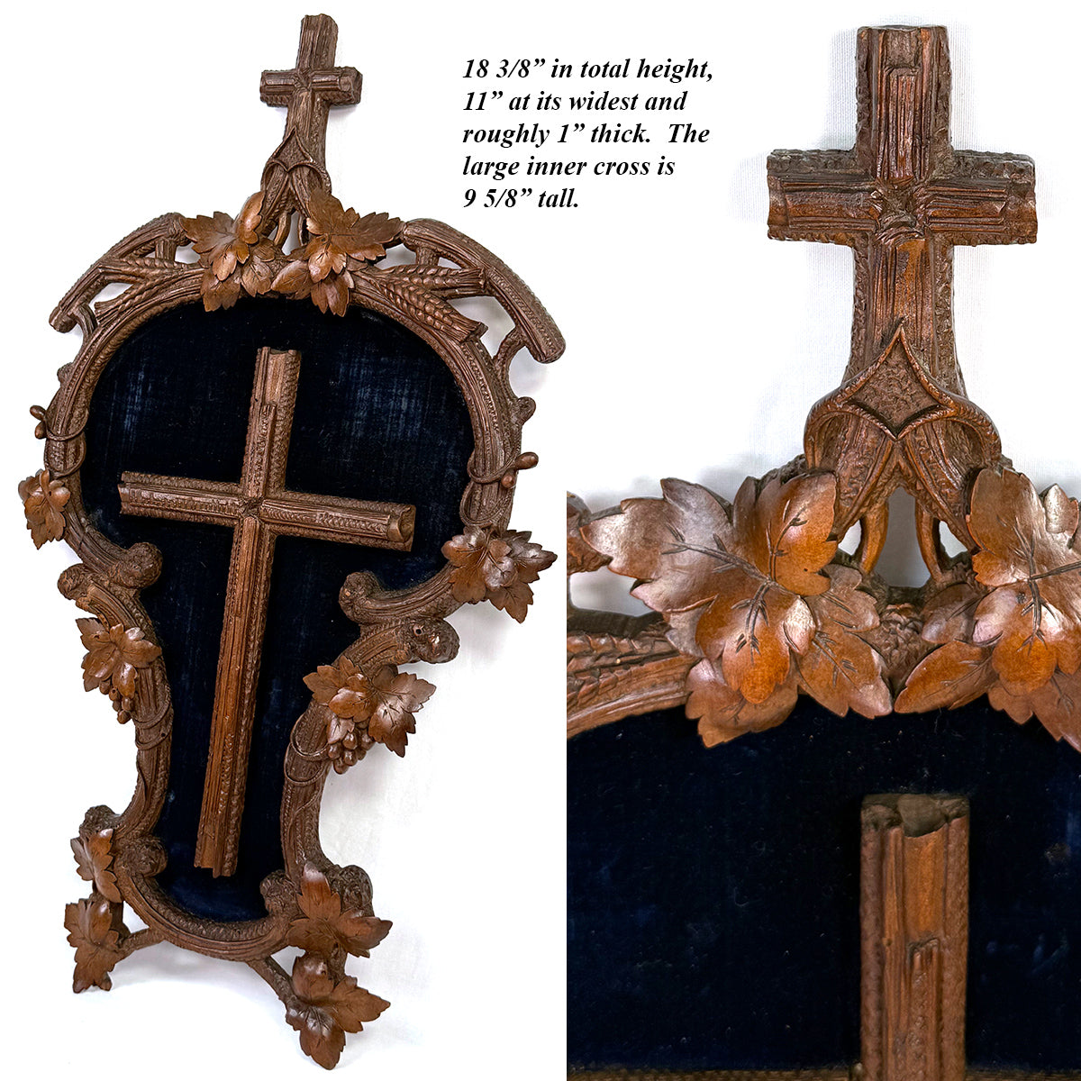 Antique Black Forest Carved 18.5" Foliate Accented Icon Frame, Inner Cross on Navy Velvet Mat