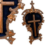 Antique Black Forest Carved 18.5" Foliate Accented Icon Frame, Inner Cross on Navy Velvet Mat