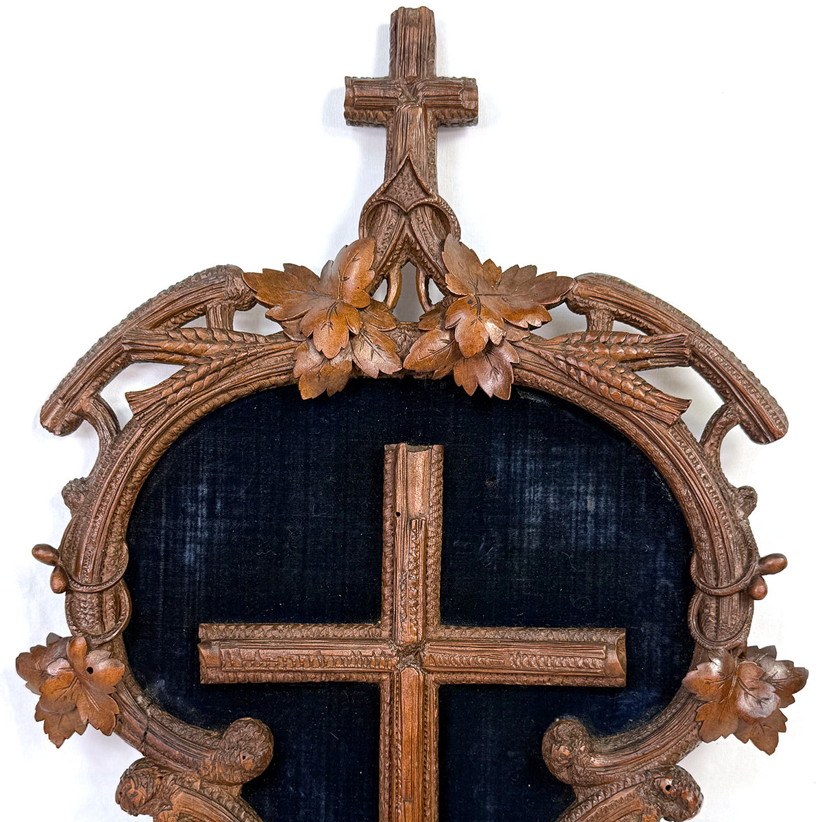 Antique Black Forest Carved 18.5" Foliate Accented Icon Frame, Inner Cross on Navy Velvet Mat