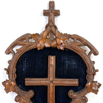 Antique Black Forest Carved 18.5" Foliate Accented Icon Frame, Inner Cross on Navy Velvet Mat