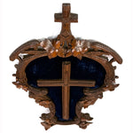 Antique Black Forest Carved 18.5" Foliate Accented Icon Frame, Inner Cross on Navy Velvet Mat