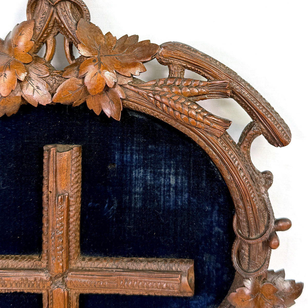 Antique Black Forest Carved 18.5" Foliate Accented Icon Frame, Inner Cross on Navy Velvet Mat