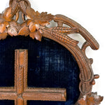 Antique Black Forest Carved 18.5" Foliate Accented Icon Frame, Inner Cross on Navy Velvet Mat