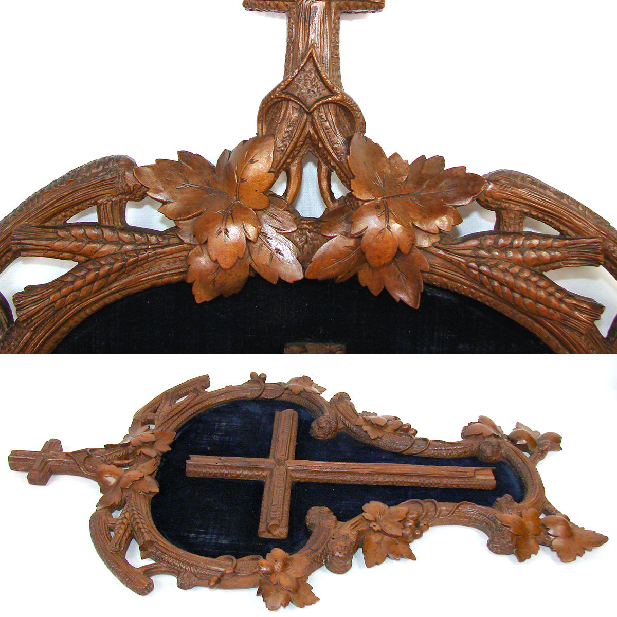Antique Black Forest Carved 18.5" Foliate Accented Icon Frame, Inner Cross on Navy Velvet Mat