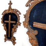 Antique Black Forest Carved 18.5" Foliate Accented Icon Frame, Inner Cross on Navy Velvet Mat