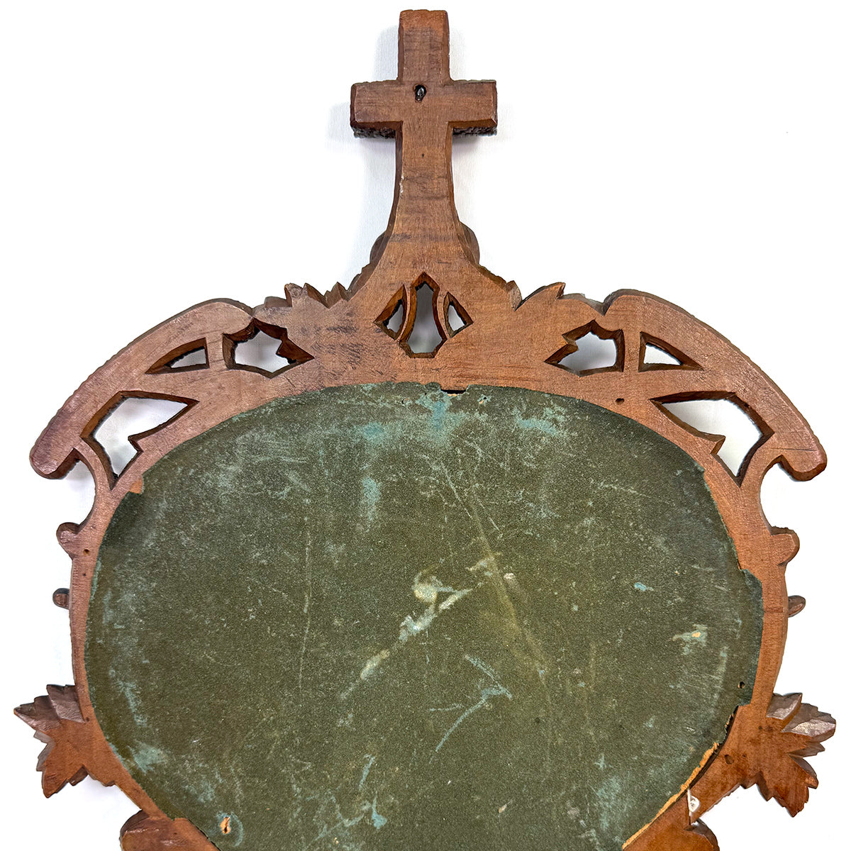 Antique Black Forest Carved 18.5" Foliate Accented Icon Frame, Inner Cross on Navy Velvet Mat