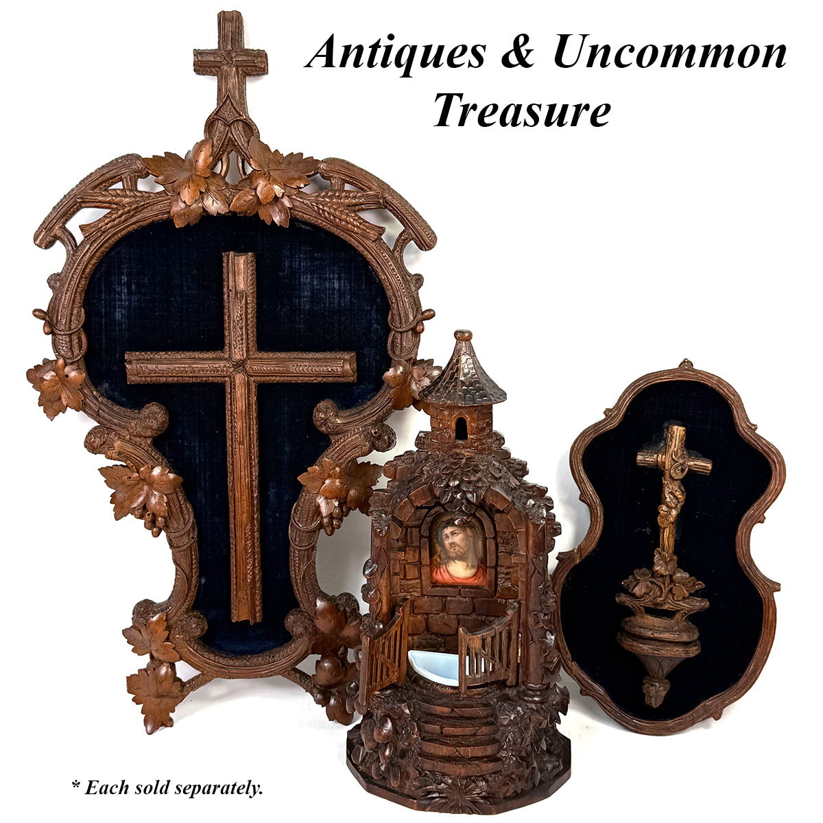 Antique Black Forest Carved 18.5" Foliate Accented Icon Frame, Inner Cross on Navy Velvet Mat