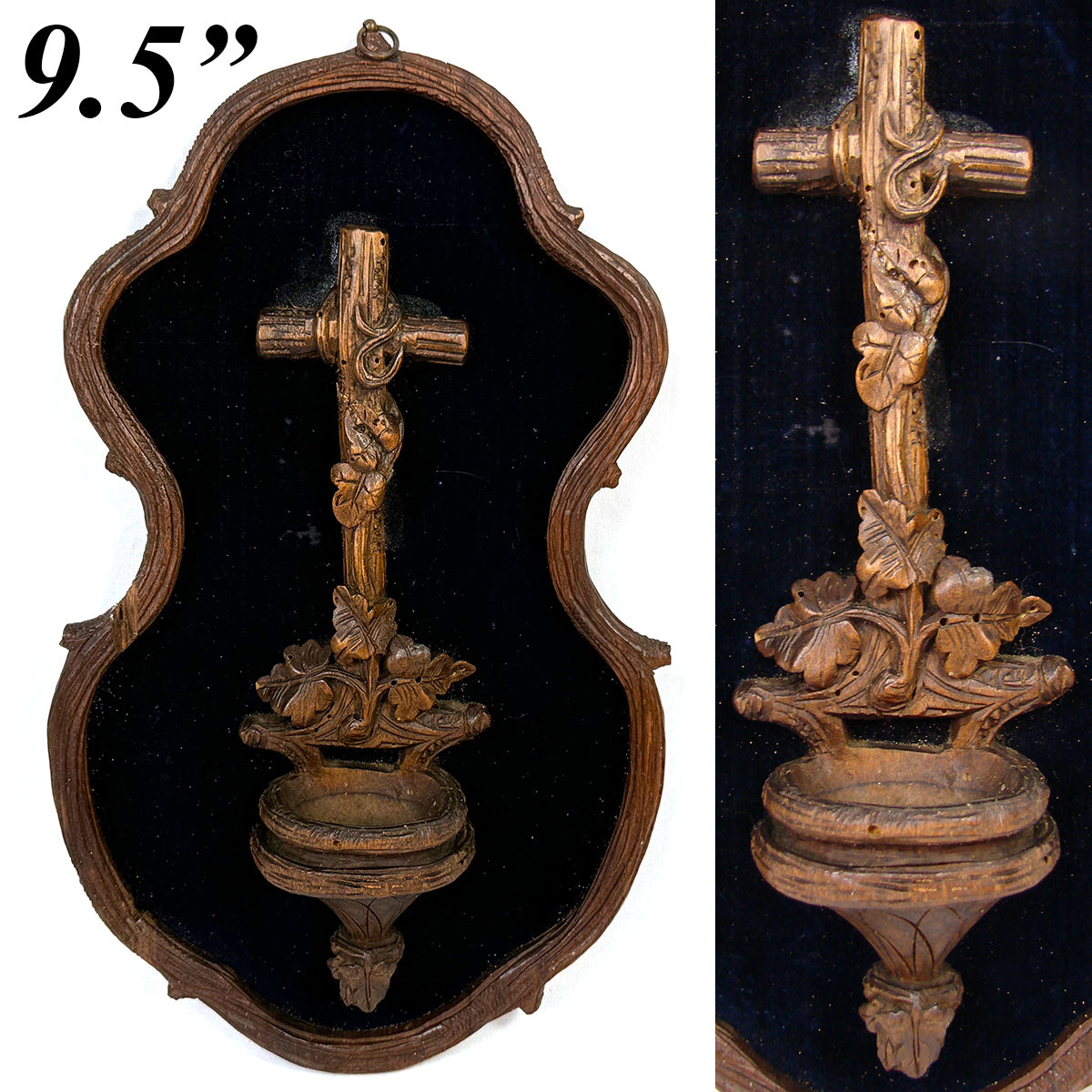 Antique Black Forest Carved 9.5" Foliate Accented Holy Water Font on Navy Velvet Mat