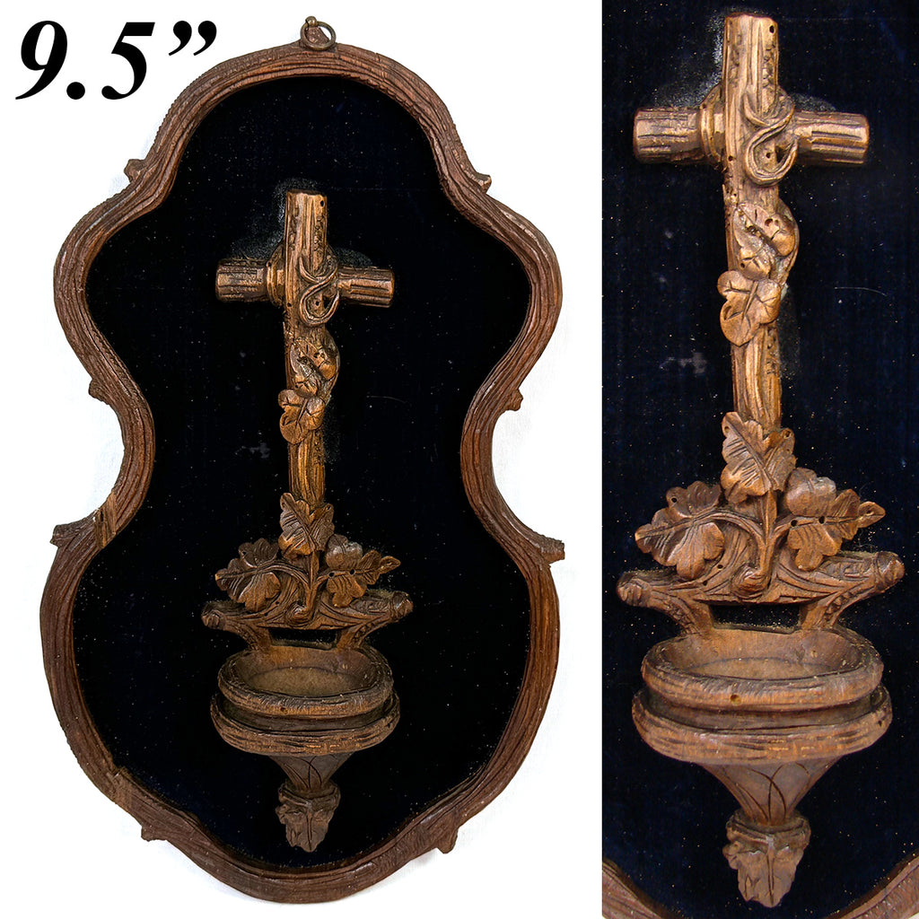 Antique Black Forest Carved 9.5" Foliate Accented Holy Water Font on Navy Velvet Mat