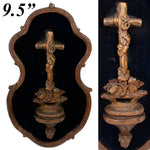 Antique Black Forest Carved 9.5" Foliate Accented Holy Water Font on Navy Velvet Mat