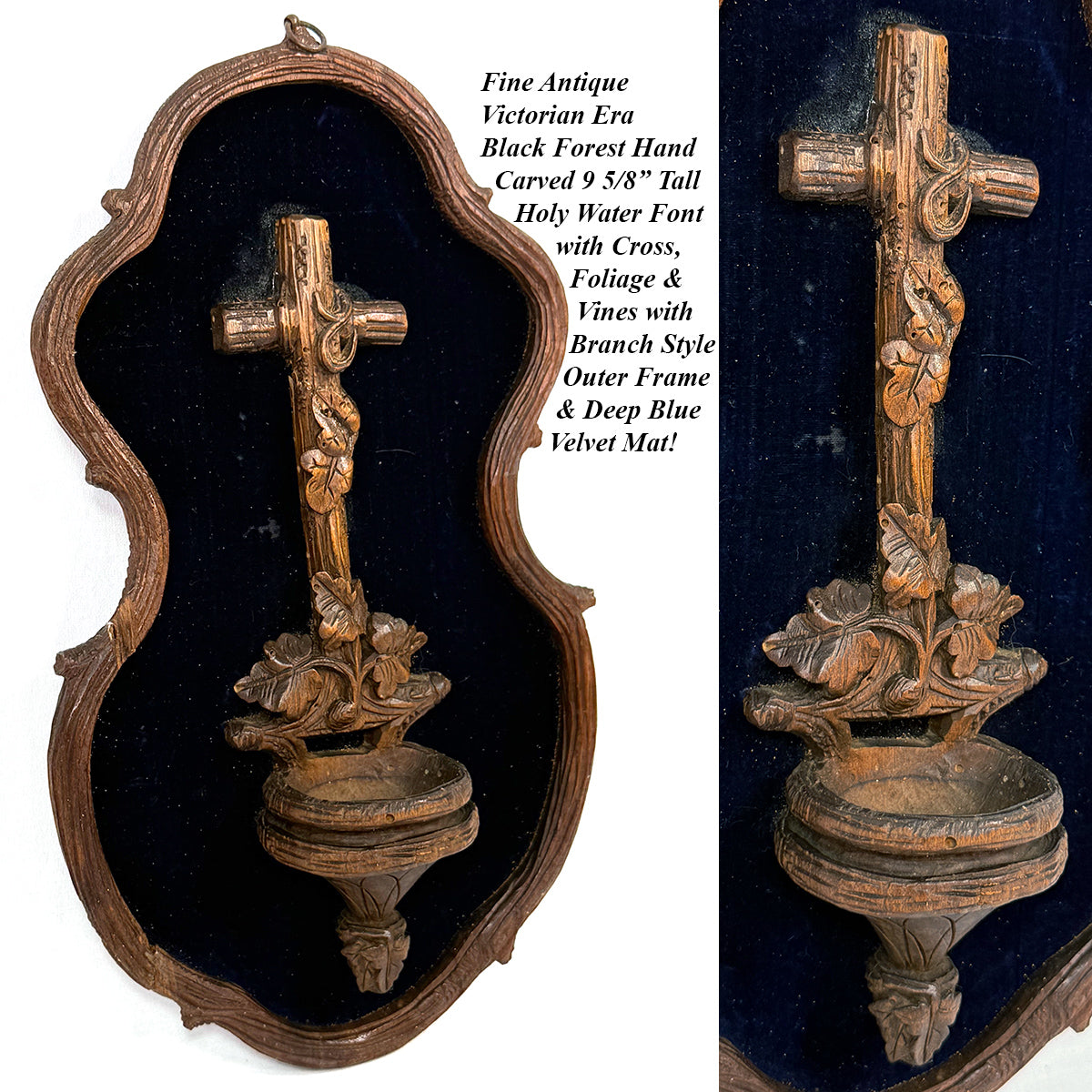 Antique Black Forest Carved 9.5" Foliate Accented Holy Water Font on Navy Velvet Mat