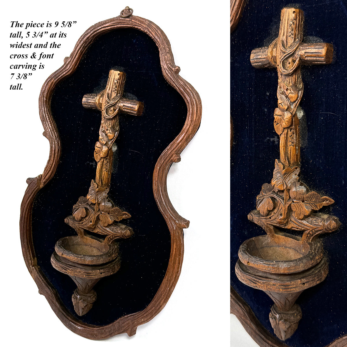 Antique Black Forest Carved 9.5" Foliate Accented Holy Water Font on Navy Velvet Mat
