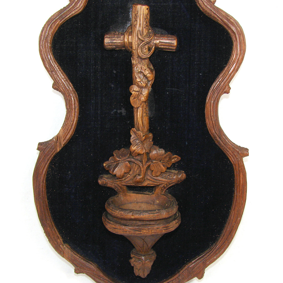 Antique Black Forest Carved 9.5" Foliate Accented Holy Water Font on Navy Velvet Mat