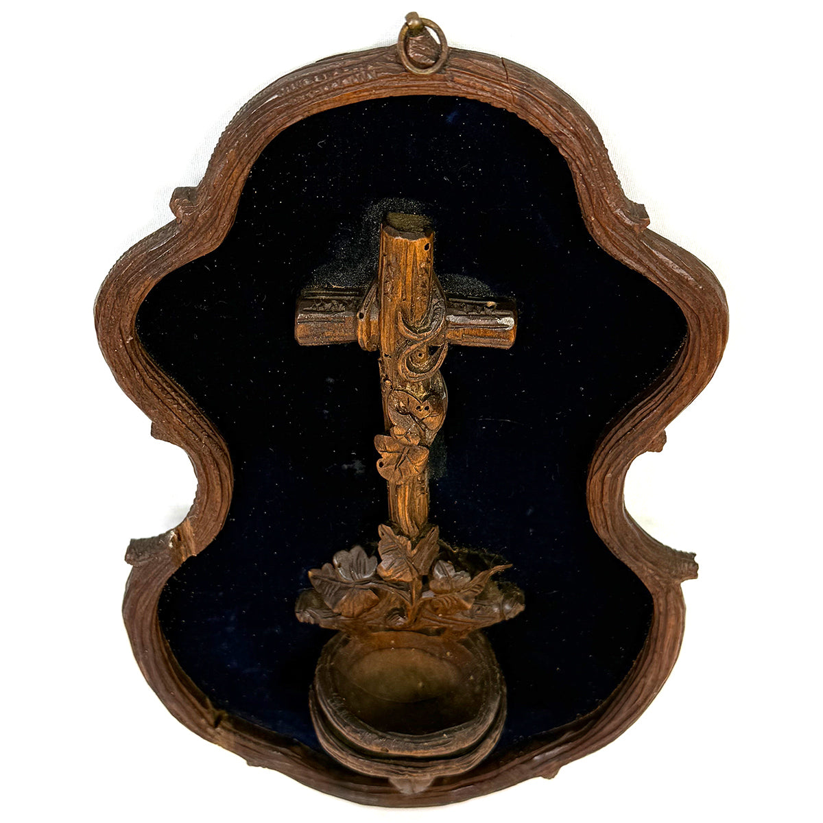 Antique Black Forest Carved 9.5" Foliate Accented Holy Water Font on Navy Velvet Mat