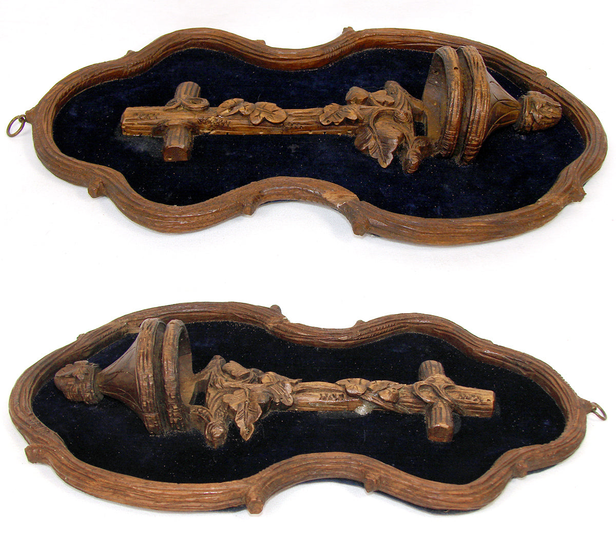Antique Black Forest Carved 9.5" Foliate Accented Holy Water Font on Navy Velvet Mat