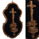 Antique Black Forest Carved 9.5" Foliate Accented Holy Water Font on Navy Velvet Mat