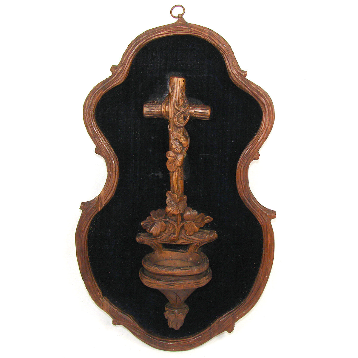 Antique Black Forest Carved 9.5" Foliate Accented Holy Water Font on Navy Velvet Mat