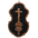 Antique Black Forest Carved 9.5" Foliate Accented Holy Water Font on Navy Velvet Mat
