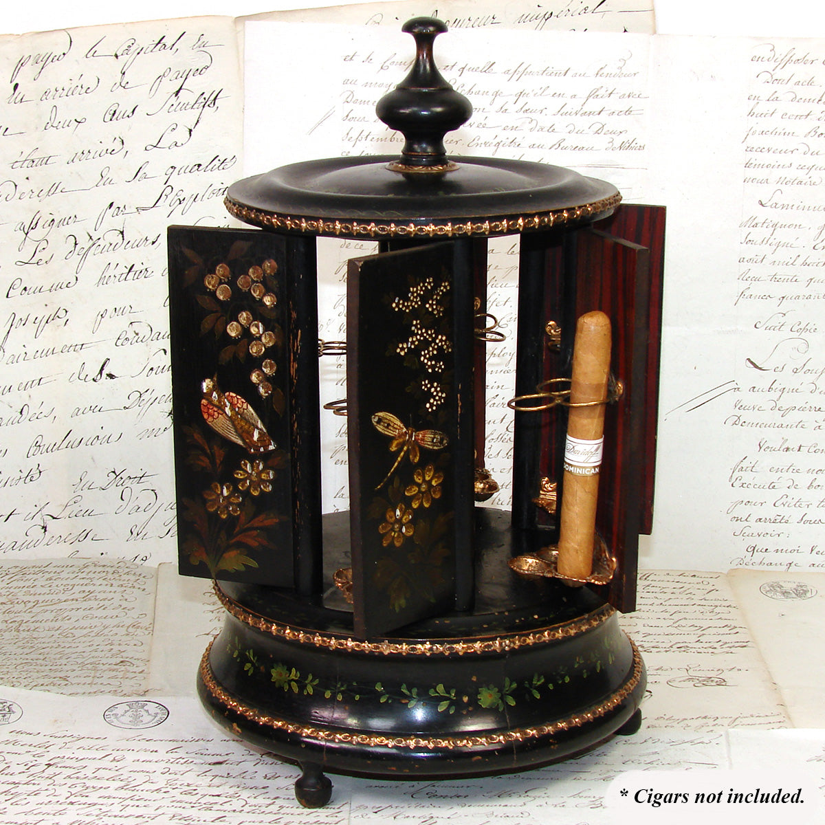 Antique French Mechanical Carousel Style Cigar Caddy or Presenter, Bird & DragonFly