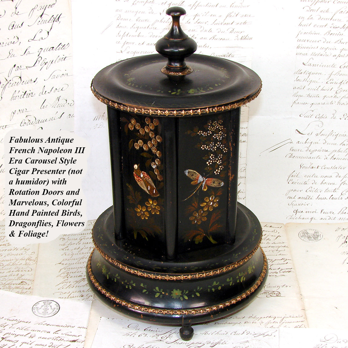 Antique French Mechanical Carousel Style Cigar Caddy or Presenter, Bird & DragonFly