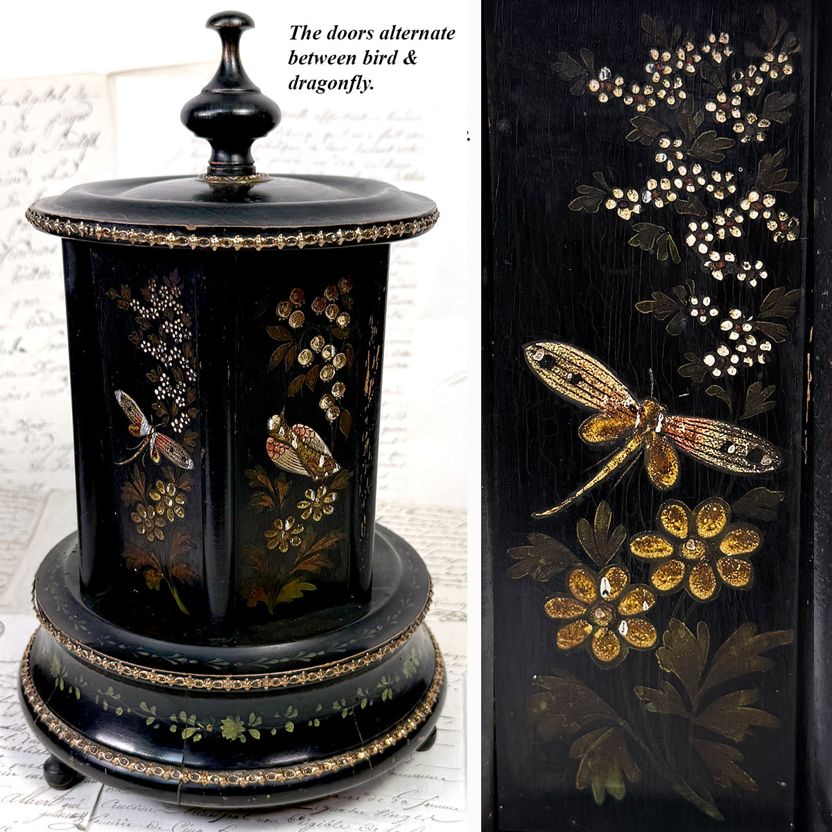 Antique French Mechanical Carousel Style Cigar Caddy or Presenter, Bird & DragonFly