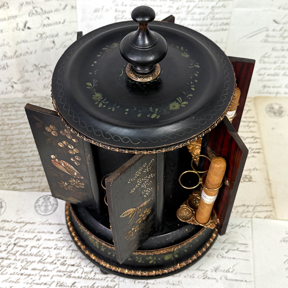 Antique French Mechanical Carousel Style Cigar Caddy or Presenter, Bird & DragonFly