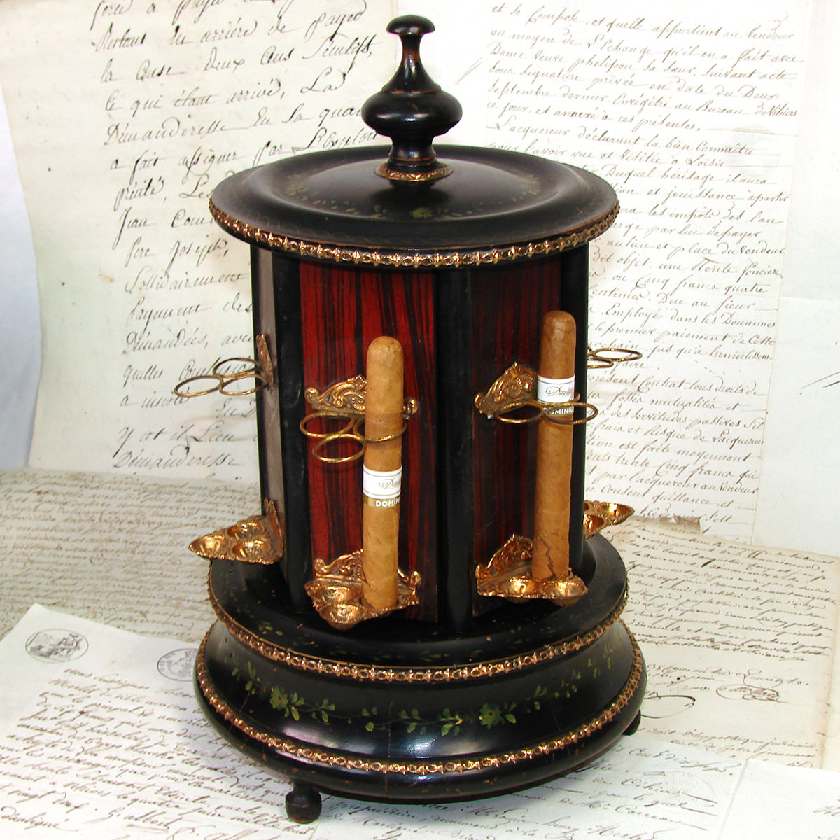 Antique French Mechanical Carousel Style Cigar Caddy or Presenter, Bird & DragonFly