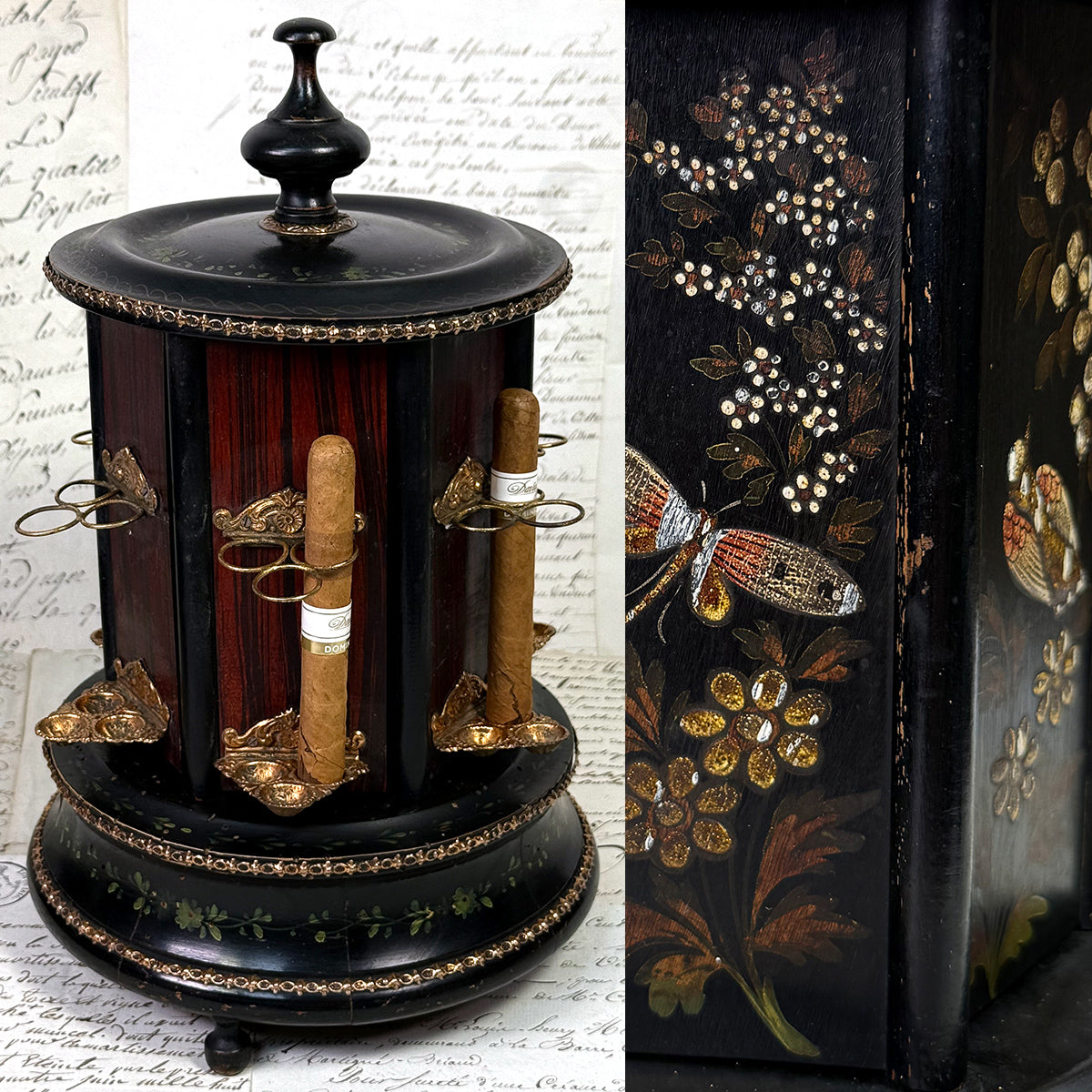 Antique French Mechanical Carousel Style Cigar Caddy or Presenter, Bird & DragonFly