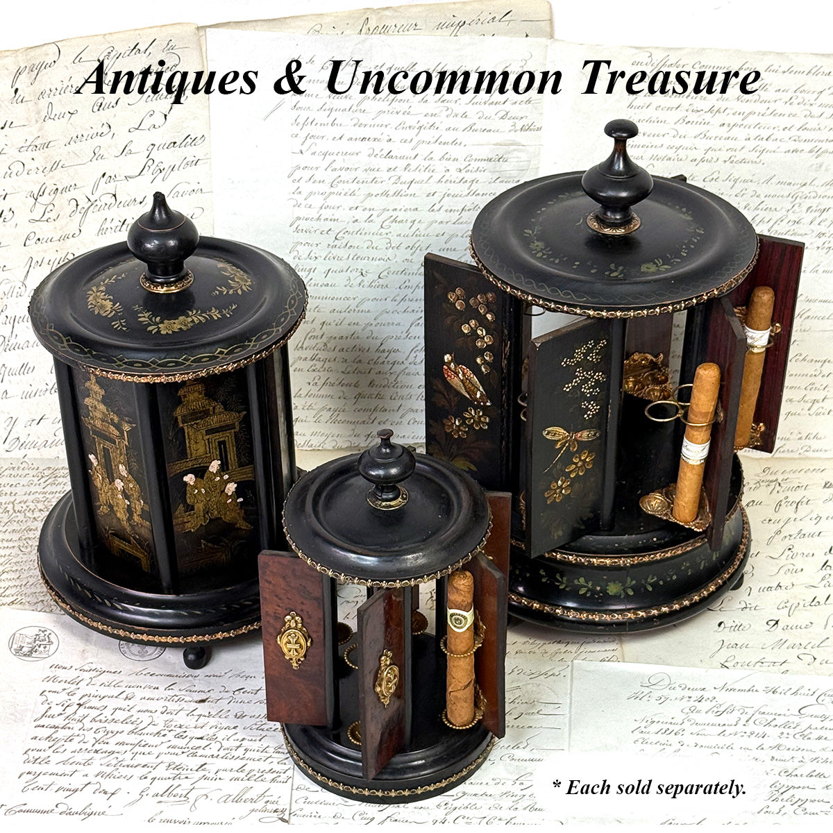 Antique French Mechanical Carousel Style Cigar Caddy or Presenter, Bird & DragonFly