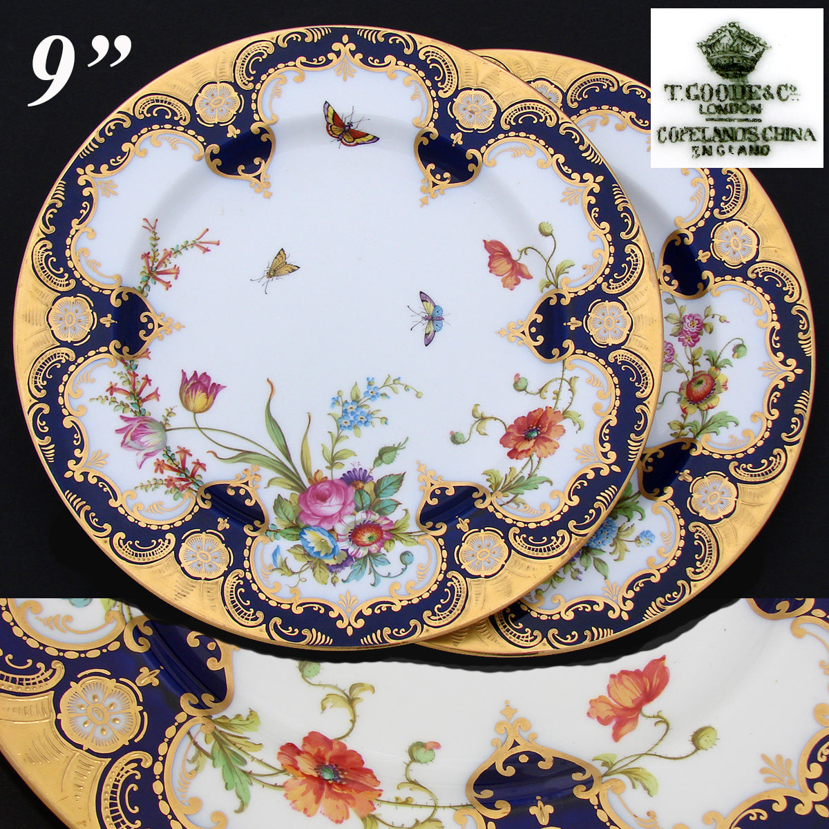 Antique T. Good & Co. Copelands China 9" Plate Pair, Raised Gold Enamel & Cobalt