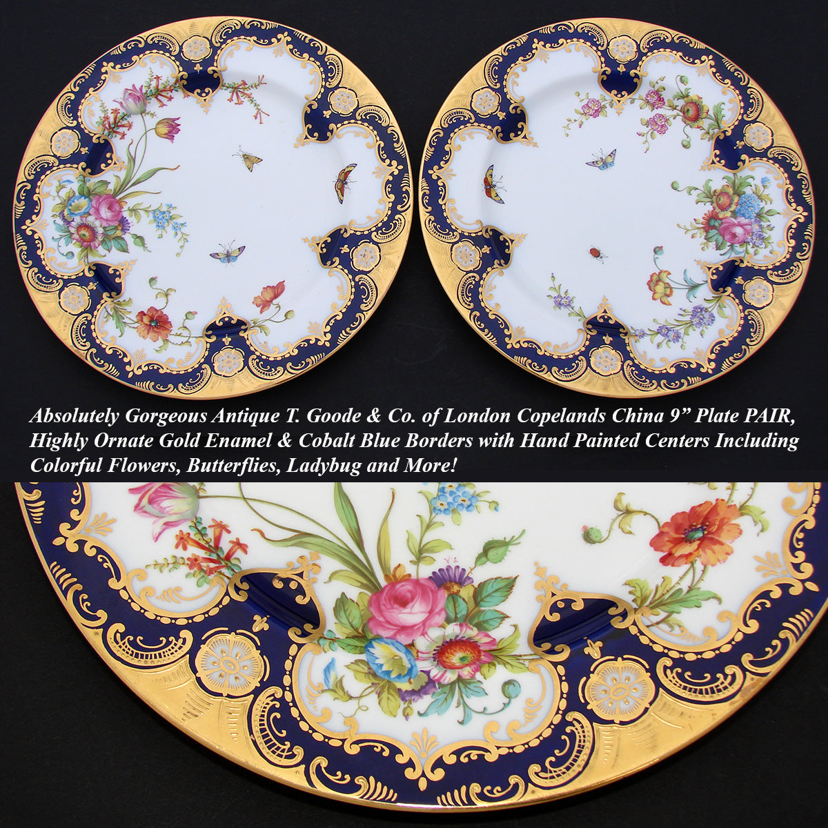 Antique T. Good & Co. Copelands China 9" Plate Pair, Raised Gold Enamel & Cobalt