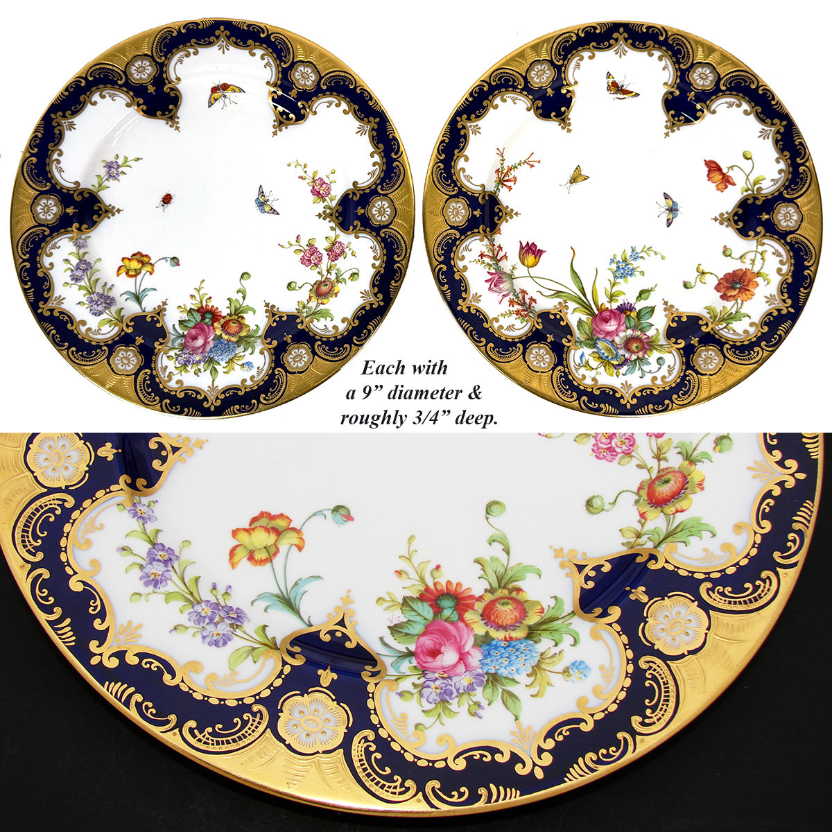 Antique T. Good & Co. Copelands China 9" Plate Pair, Raised Gold Enamel & Cobalt