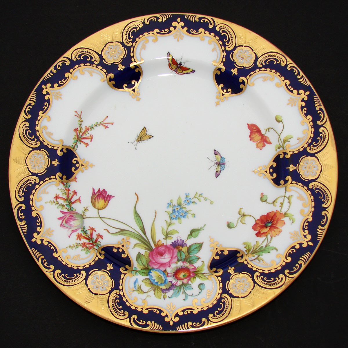 Antique T. Good & Co. Copelands China 9" Plate Pair, Raised Gold Enamel & Cobalt