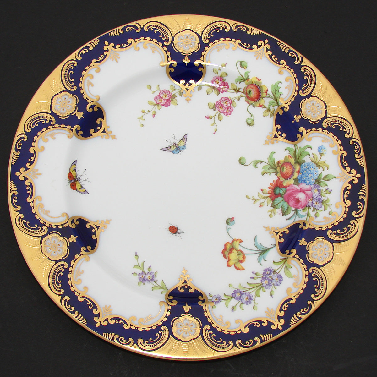 Antique T. Good & Co. Copelands China 9" Plate Pair, Raised Gold Enamel & Cobalt