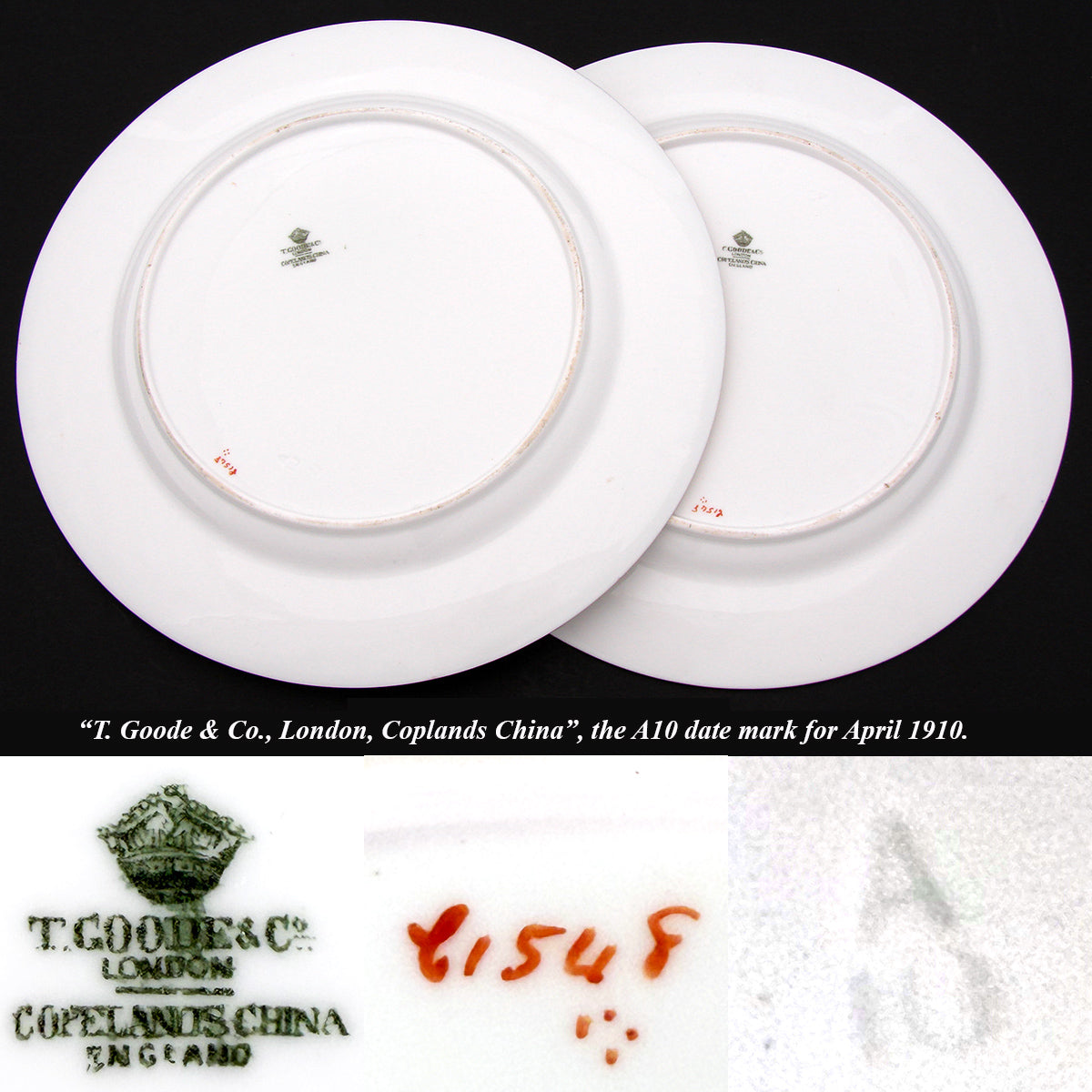 Antique T. Good & Co. Copelands China 9" Plate Pair, Raised Gold Enamel & Cobalt