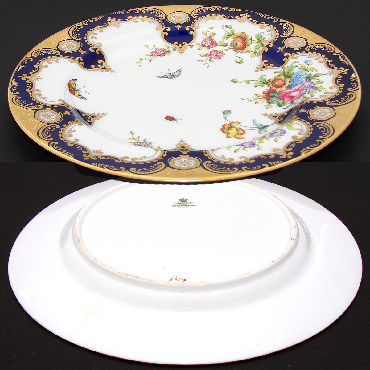 Antique T. Good & Co. Copelands China 9" Plate Pair, Raised Gold Enamel & Cobalt