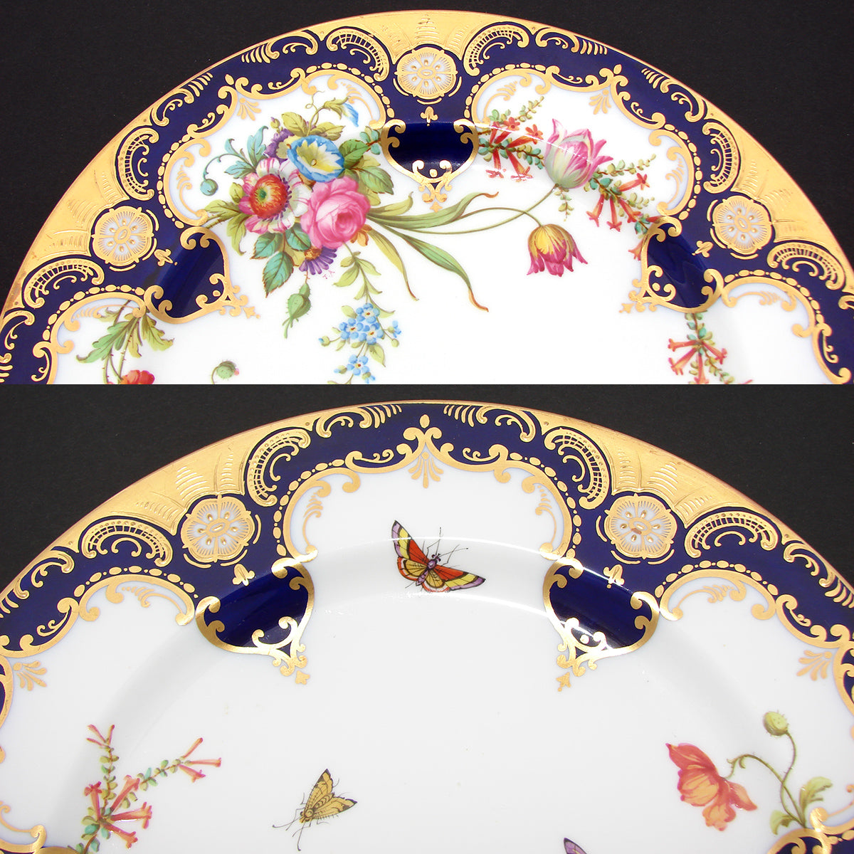 Antique T. Good & Co. Copelands China 9" Plate Pair, Raised Gold Enamel & Cobalt