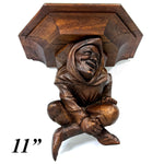 Antique French Victorian Carved 11" Wall or Bracket Shelf, Hooded Jester Figure