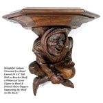 Antique French Victorian Carved 11" Wall or Bracket Shelf, Hooded Jester Figure