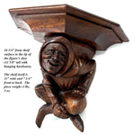 Antique French Victorian Carved 11" Wall or Bracket Shelf, Hooded Jester Figure