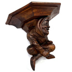 Antique French Victorian Carved 11" Wall or Bracket Shelf, Hooded Jester Figure