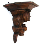 Antique French Victorian Carved 11" Wall or Bracket Shelf, Hooded Jester Figure