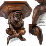 Antique French Victorian Carved 11" Wall or Bracket Shelf, Hooded Jester Figure