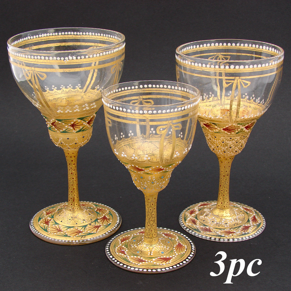 Gorgeous 3pc Antique Bohemian Enameled Glass Goblet Set, Gold & Raised Enamel