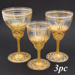 Gorgeous 3pc Antique Bohemian Enameled Glass Goblet Set, Gold & Raised Enamel