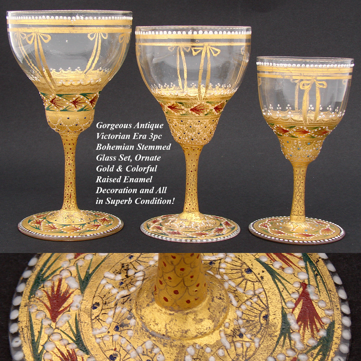 Gorgeous 3pc Antique Bohemian Enameled Glass Goblet Set, Gold & Raised Enamel