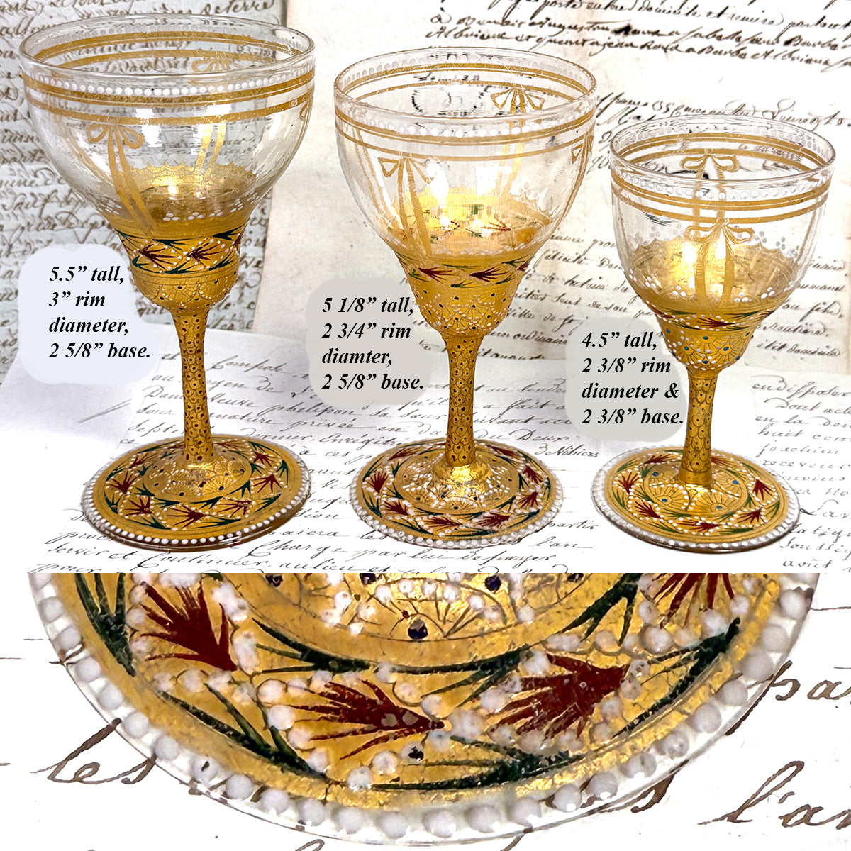 Gorgeous 3pc Antique Bohemian Enameled Glass Goblet Set, Gold & Raised Enamel