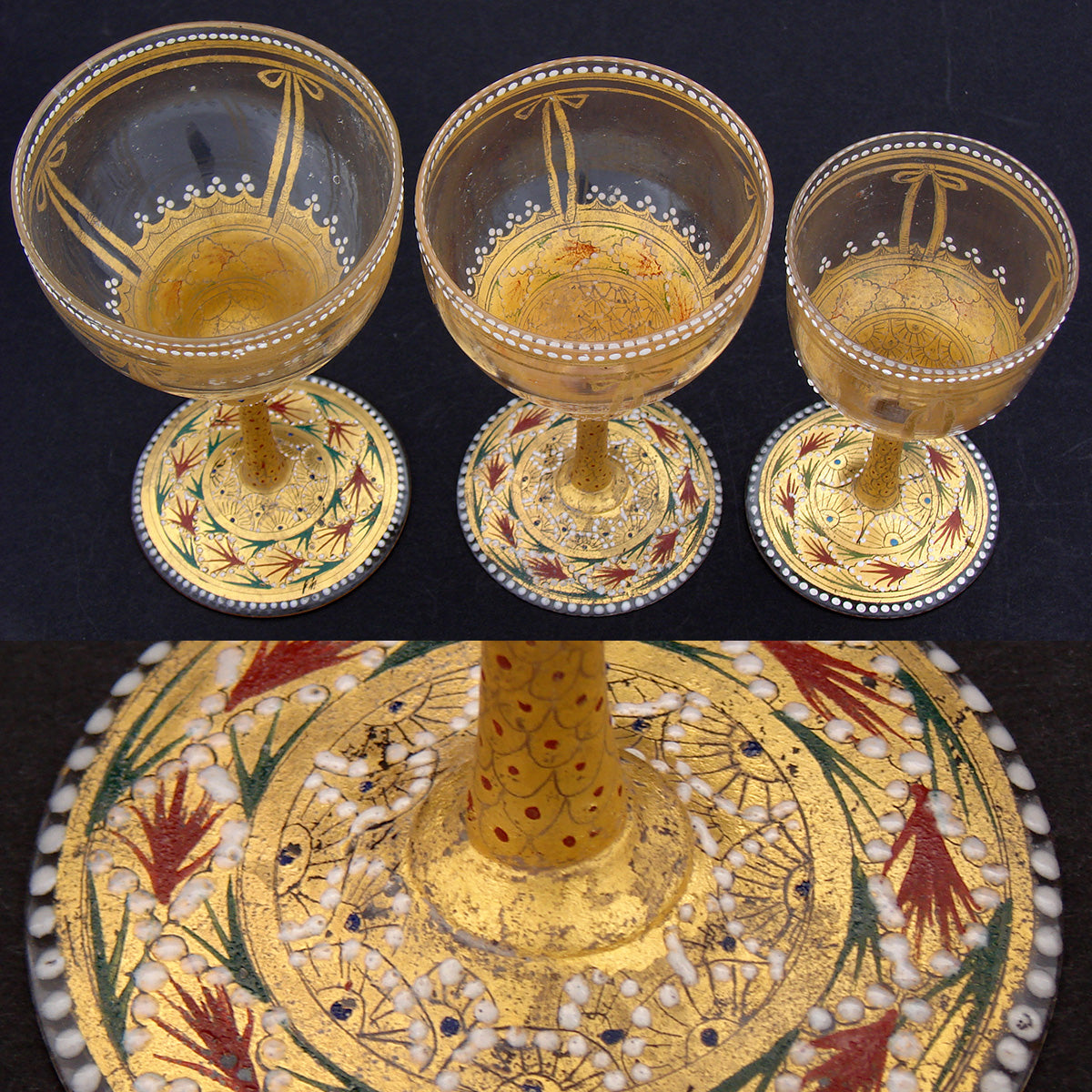 Gorgeous 3pc Antique Bohemian Enameled Glass Goblet Set, Gold & Raised Enamel
