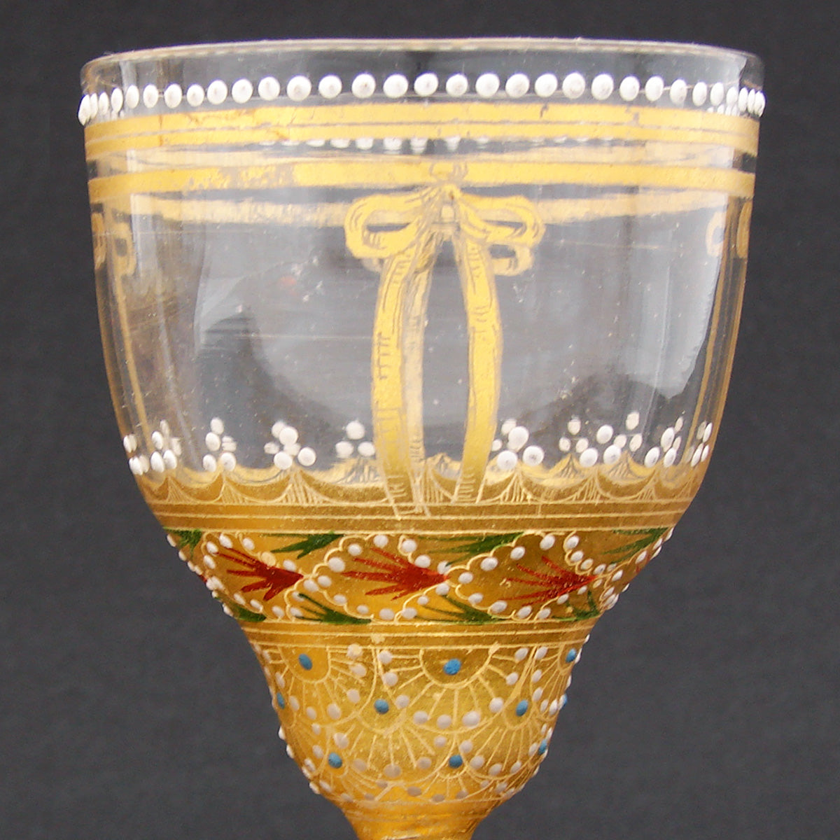 Gorgeous 3pc Antique Bohemian Enameled Glass Goblet Set, Gold & Raised Enamel